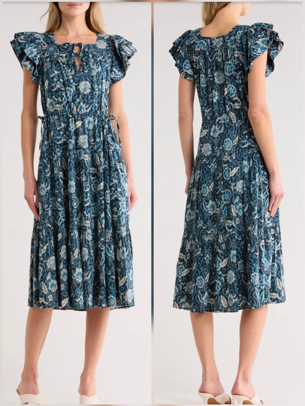 ULLA JOHNSON Dress Womens 2 Blue Floral Zuma Pocket Ruffle Midi Boho Cottagecore